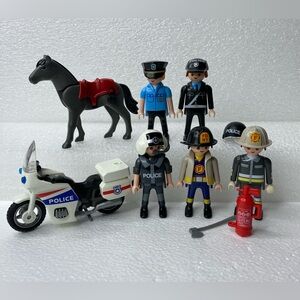 Vintage 1990s PLAYMOBIL Geobra People Figures Police Officer, Firefighter, Horse